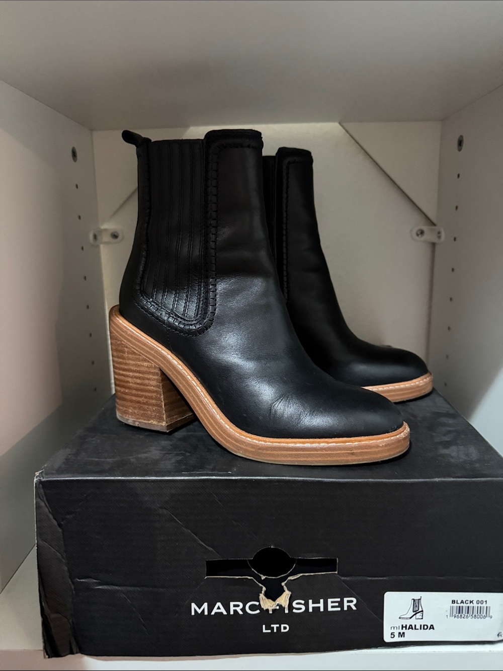 Marc Fisher Black Leather Chelsea Ankle Boots with Tan Stacked Heel